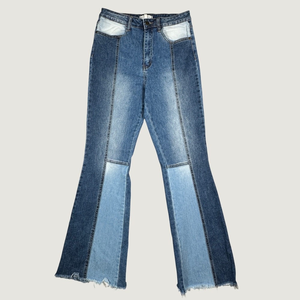 Harper Heritage Francesca's Flare Jeans Womens 29 Blue Patchwork Raw Hem